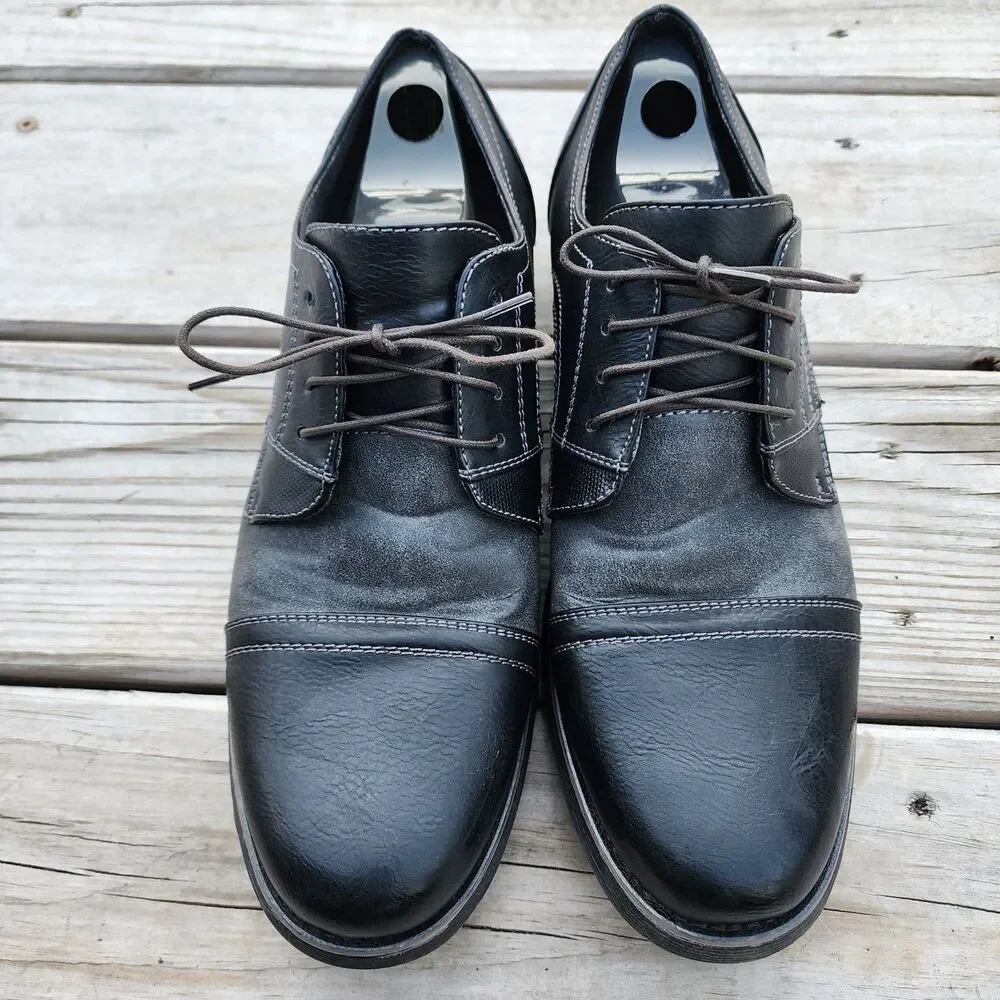Steve Madden P Camrin Black Grey Mens Size 10M Black Leather/Canvas Cap Toe Shoe